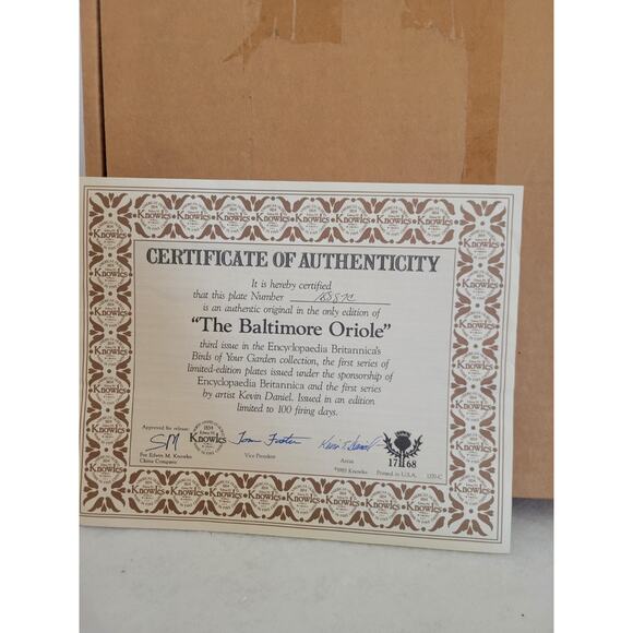 Vtg 1985 Knowles The Baltimore Oriole by Kevin Daniel Plate w/ COA & Box #18887C - Picture 5 of 16